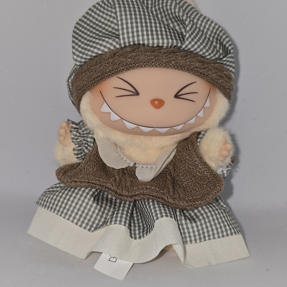 Cute Labubu Monster Doll  Checkered Outfit